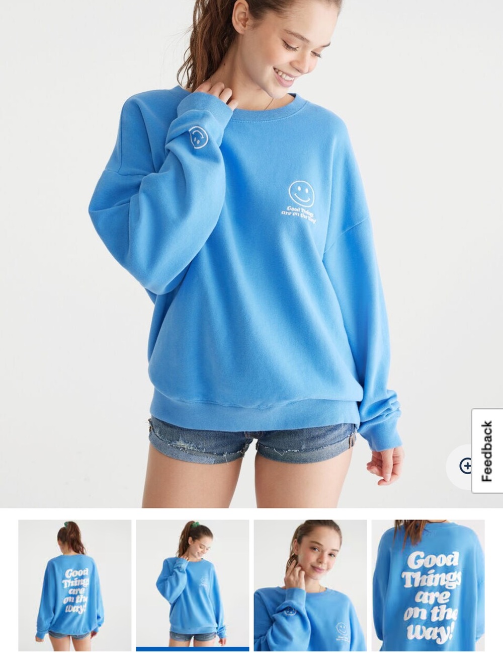 Aeropostale Bright Blue Smiley Graphic Crewneck Sweatshirt cloud soft medium NWT